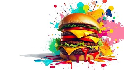 Vibrant Cheeseburger with Colorful Abstract Explosion Background