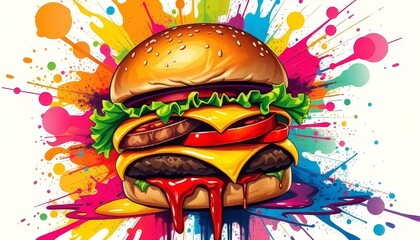 Vibrant Cheeseburger with Colorful Abstract Explosion Background