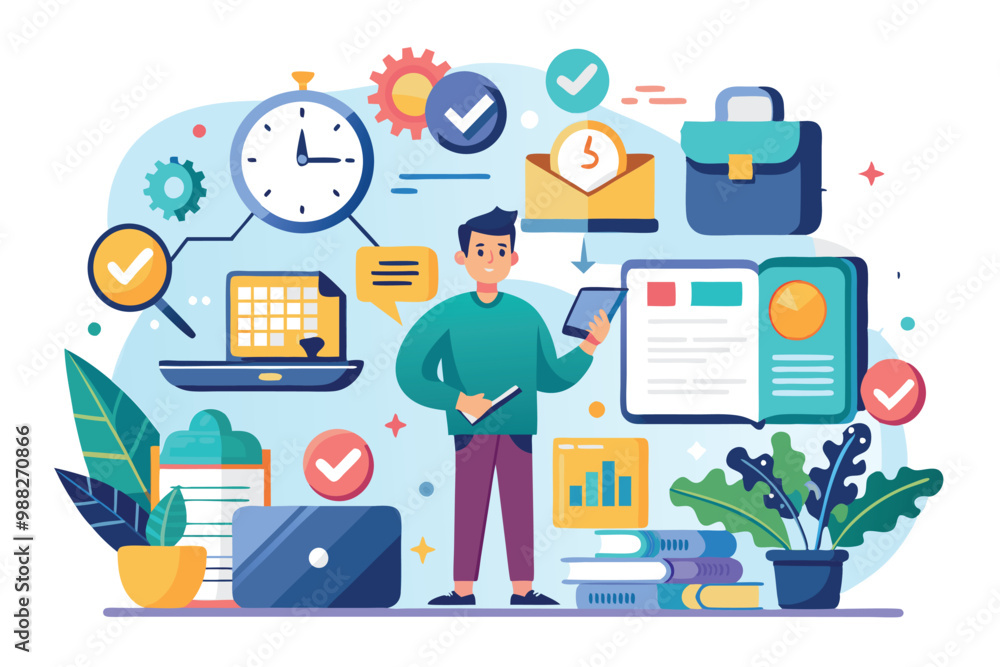 Poster a person is managing tasks with a tablet, surrounded by graphical elements that represent timekeepin