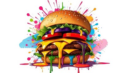 Vibrant Cheeseburger with Colorful Abstract Explosion Background