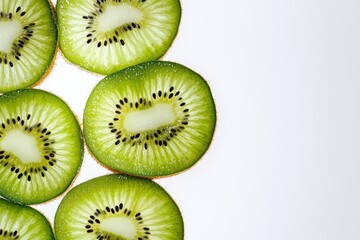 Fototapeta premium Fresh kiwi slices arranged beautifully on a light background, showcasing vibrant green color and unique texture.