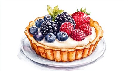 Delicious fruit tart featuring an assortment of fresh berries atop creamy filling, displayed on a charming plate.