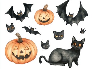Watercolor Illustration of Jack-O-Lantern Pumpkins and Black Cats