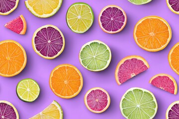 Fototapeta premium Vibrant assortment of citrus fruits displayed on a colorful background, showcasing fresh oranges, limes, and grapefruits.