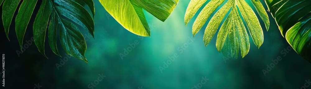 Poster serene rainforest with misty canopy: tranquil scene of vibrant green leaves and soft light filtering