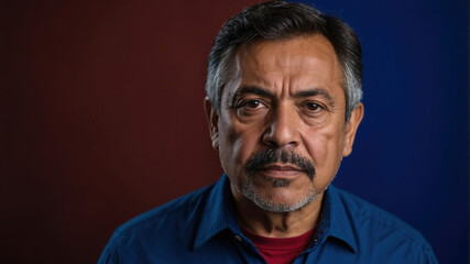 Fototapeta premium Portrait of a Serious Senior Man with a Beard in Blue Clothing - Authentic Headshot Capturing Mature Confidence and Intriguing Personality