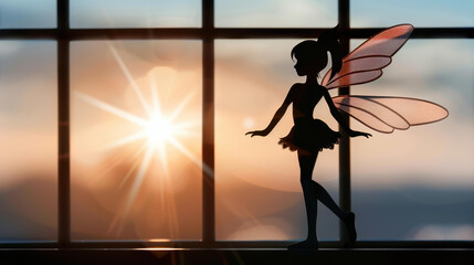 Fototapeta premium A mystical fairy silhouette graces the window, bathed in warm morning light, evoking enchantment and wonder.