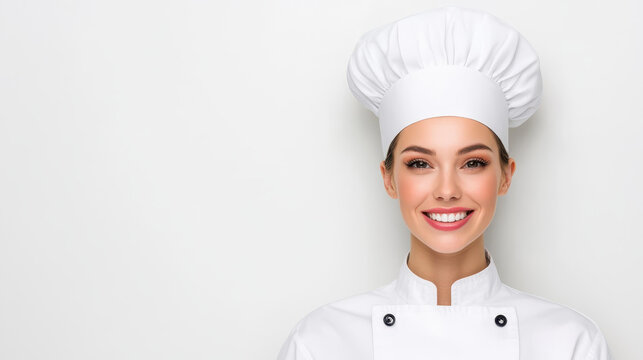 A joyful female chef stands proudly in her  kitchen, showcasing her passion for cooking with a bright smile.