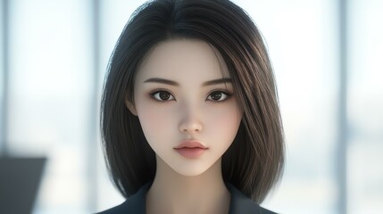 A confident young woman in a suit dazzles with a warm smile in a sleek office, embodying professionalism and charm.