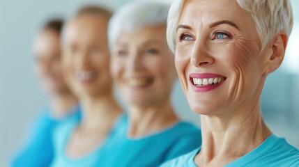 Mature women bonding over laughter postexercise. Fun conversation, happy moments at health club.