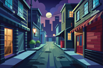 Obraz premium A dark alley bathed in moonlight, featuring colorful buildings, streetlamps, and a hint of urban life in a quiet night atmosphere.