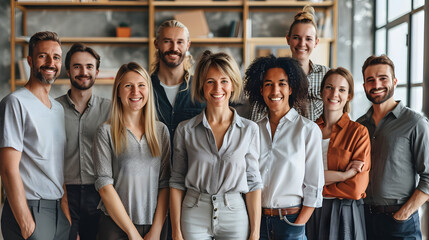 Obraz premium Group portrait of a happy smiling diverse business people at work in office. Staff and company employees men and women looking cheerful at the camera during a meeting or a conferenc