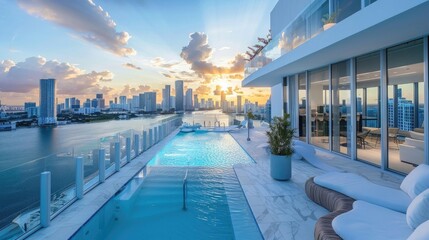 Obraz premium Impressive luxury penthouse terrace with a swimming pool overlooking Miami, generative AI