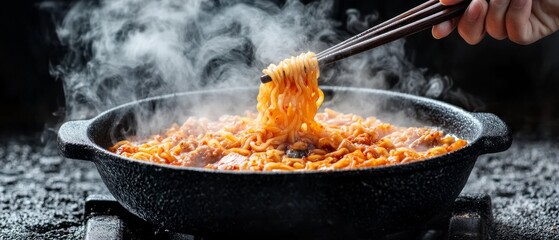 A hand lifts steaming noodles from a bowl, showcasing the delicious texture and warmth of the dish. The background hints at a comforting culinary atmosphere