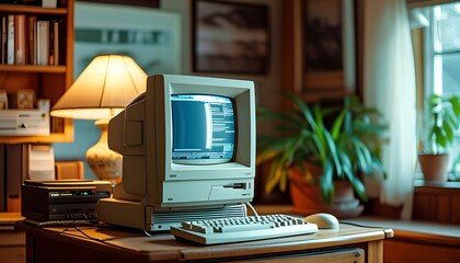 Nostalgic home office scene featuring a vintage CRT computer on a wooden desk, accompanied by a keyboard and lamp, reflecting past technology and sentiment.