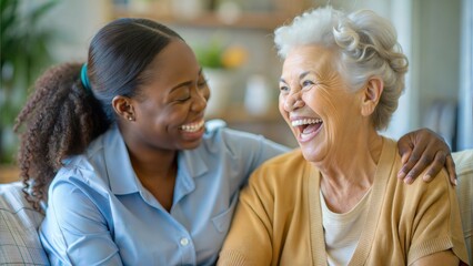 Fototapeta premium Laughter in Care - An elderly Black woman enjoying a happy moment with her nurse. 