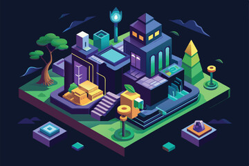 An artistic representation of a modern urban environment at night, showcasing abstract buildings and trees in a customizable dark mode.