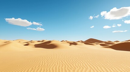 A vast desert landscape unfolds under a blue sky, clouds drifting lazily above the golden sands.