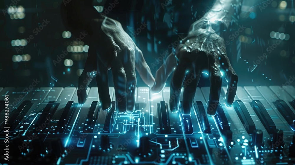 Poster in a shadowy den, a cybernetic virtuoso masters a holofile interface, their agile digits gliding eff