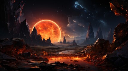 オレンジに光る惑星と岩山の風景イラスト,Generative AI AI画像