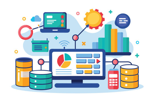 A vibrant display of data analysis concepts featuring charts, computers, and databases for effective database management and visualization.