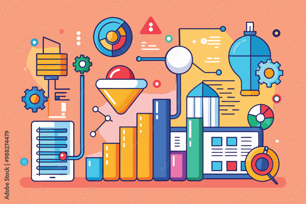 Poster a colorful illustration showcases various graphs, gears, and icons representing customizable data an