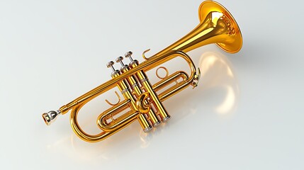 Obraz premium The golden trumpet stands isolated on a crisp white background, radiating classic brilliance.