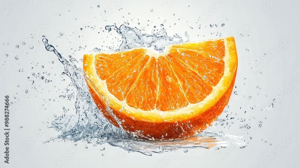 Poster simple 2d flat design of an orange with water splash effects on a transparent background, featuring 