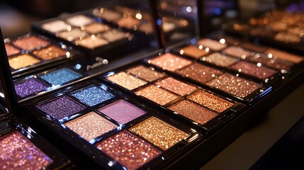 Shimmering eyeshadow palettes displayed with professional lighting, emphasizing their sparkling pigments