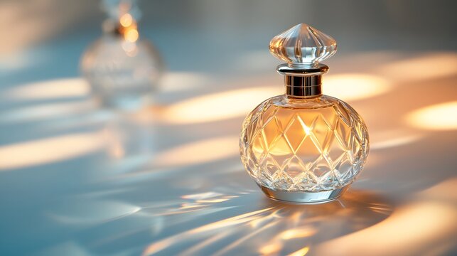 Elegant perfume bottles reflecting soft studio light, creating a luxurious and refined aesthetic