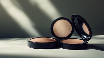 Sleek cosmetic compacts, highlighted by soft shadows and perfect studio lighting, with an elegant minimalist aesthetic