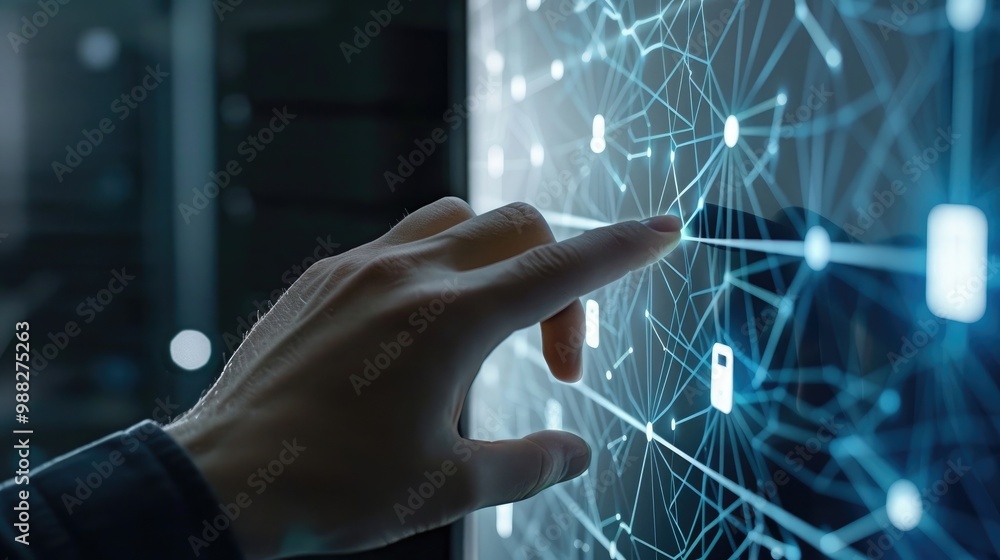 Poster internet network security, business data protection concept. businessman using digital tablet touchi