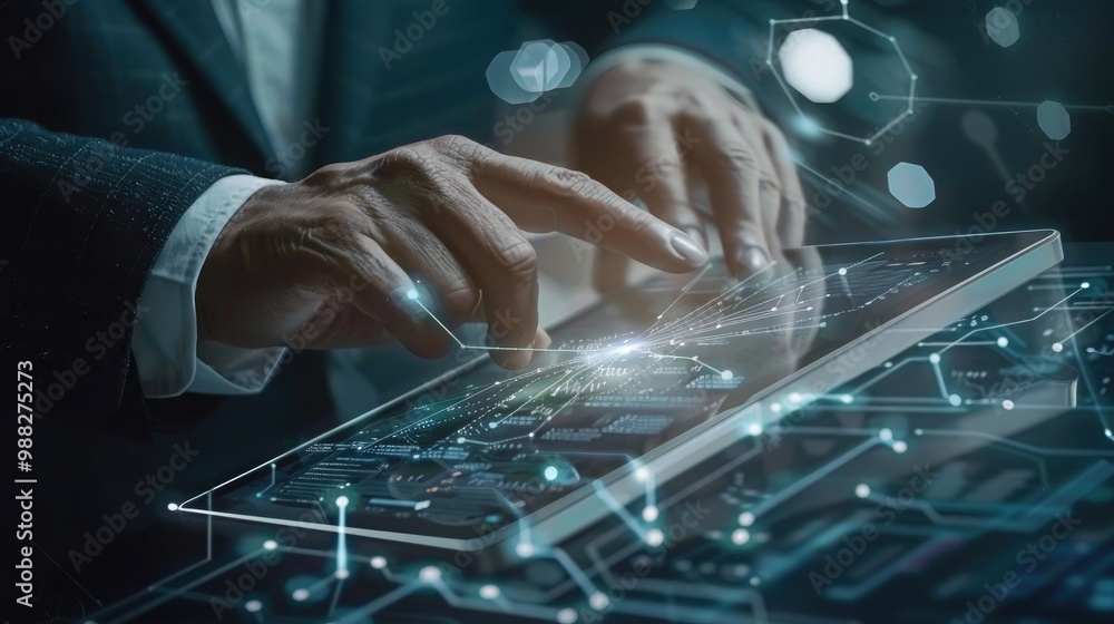 Poster internet network security, business data protection concept. businessman using digital tablet touchi