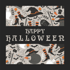 Happy Halloween vector art illustration with cute cats, witch hats, shoes, bats, skulls pattern isolated on black background. Design for greeting card, poster, t-shirt print, invitation, banner