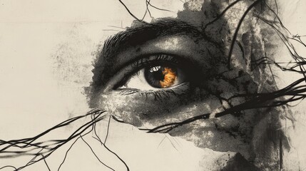 Obraz premium Wires and eye abstract background. Photocopy stippled style with collage elements of wires