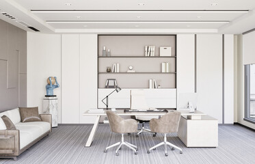 Minimalist-style interior of work room, include table, chair and sofa