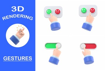 3d rendering gestures Collection,Cartoon Gesture Icon Mockup.3d render,cartoon character hand activating the button,slide bar icon.3D rendering on white background.
