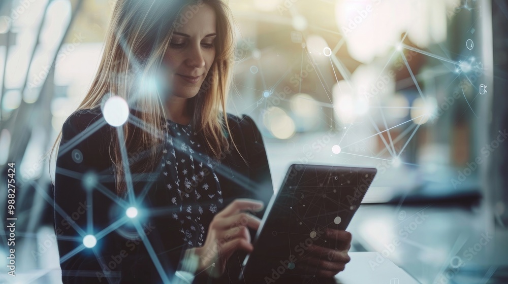 Aufkleber internet networking, remotely work, data exchange concept. business woman using digital tablet worki