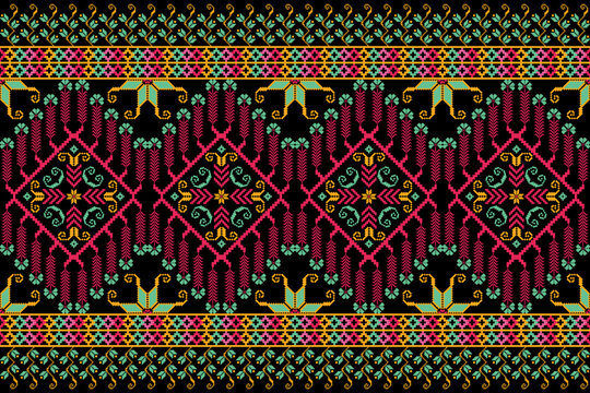 Cross stitch pattern concept. Cross stitch pattern showcasing traditional ethnic geometric pattern, Design for textile, background,carpet,wallpaper,clothing,wrapping,Batik,fabric,Vector illustration.