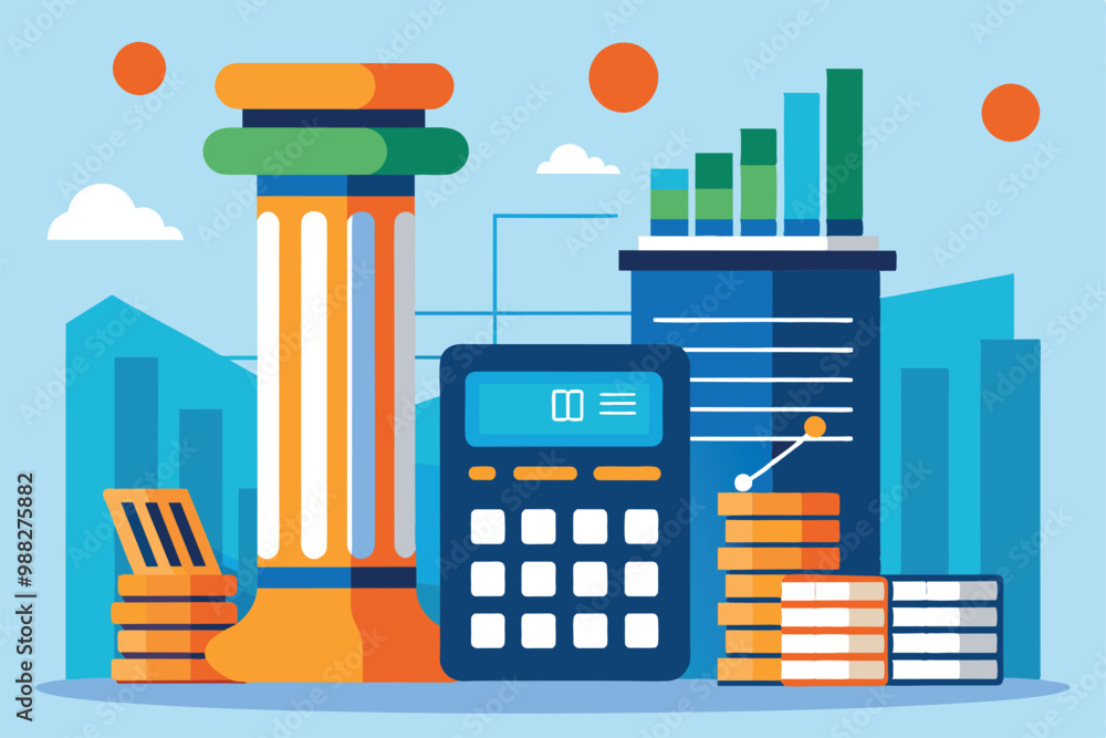 Poster a calculator sits beside data columns and stacks of coins, illustrating financial analysis with grap