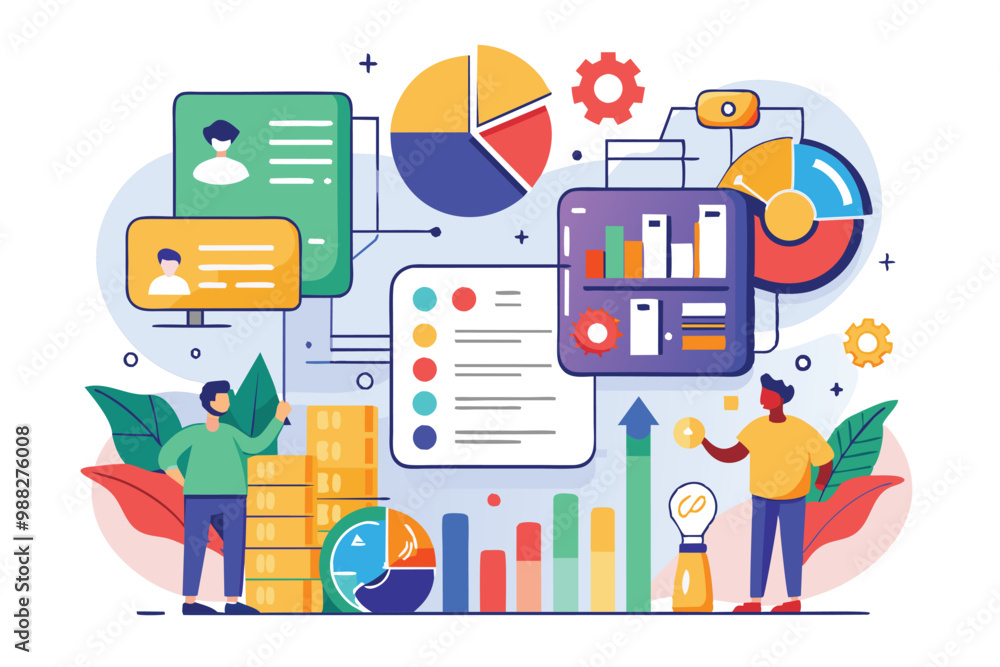 Poster two individuals engage in data analysis, surrounded by charts, graphs, and customizable visual eleme
