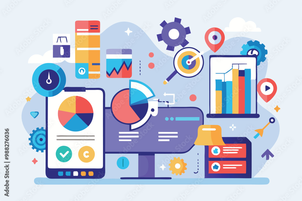 Poster a vibrant workspace filled with colorful data charts, gear icons, and devices showcasing analytics a