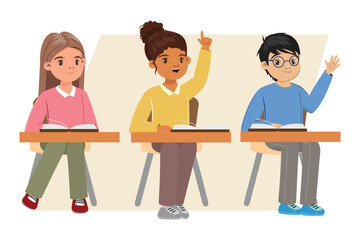 Three students at desks, engaged in learning, girl with raised finger, boy with glasses raised a hand
