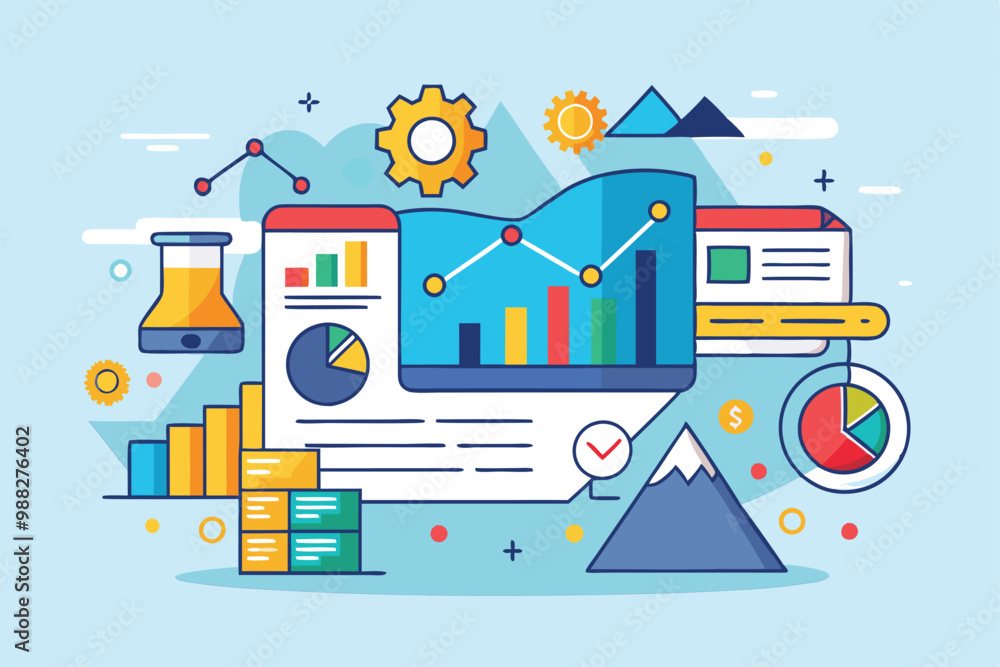 Poster a colorful illustration showcasing various graphs, charts, and analytics tools, illustrating data an