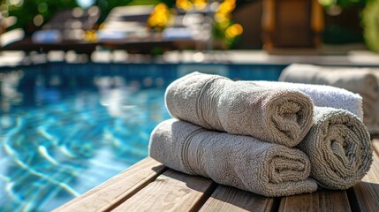 Hotel Pool: A tranquil pool space, either outdoor or indoor, with cushioned loungers, towels, and a bar offering refreshing drinks and light snacks.
