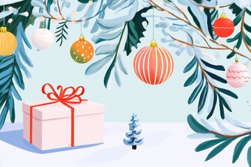 Close up illustration of decorative ornaments and gift box with a festive tree backdrop