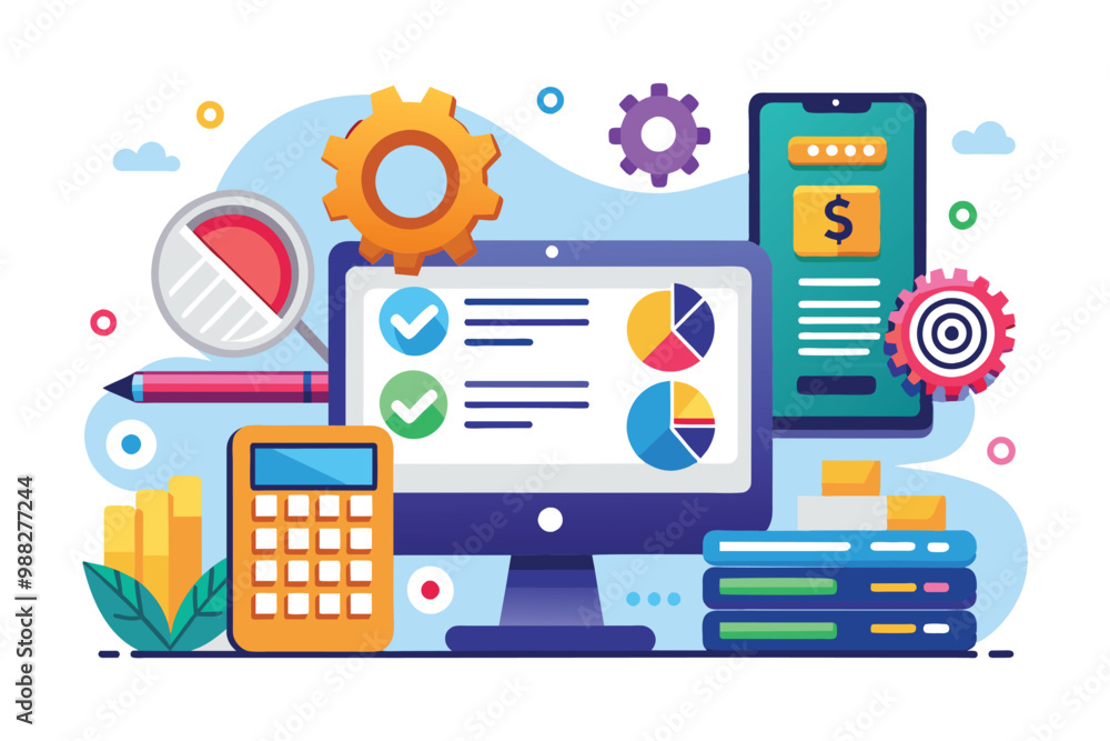 Poster a desktop setup showcasing a data entry tool with various graphs, a calculator, and gear icons, illu