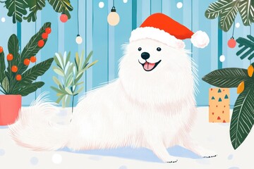 Fototapeta premium Christmas coloring page featuring a joyful white Samoyed dog wearing a red Santa hat sitting in the snow during winter