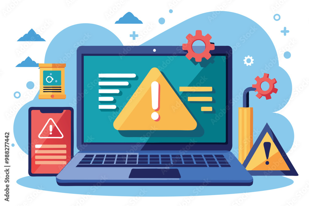 Poster a laptop displays a data error message while accompanied by warning icons and tools, indicating ongo