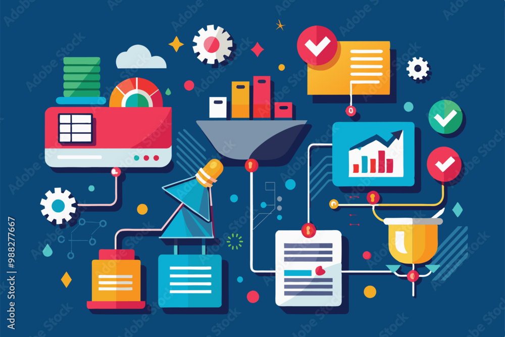 Poster colorful graphic illustrates customizable data extraction processes featuring charts, diagrams, and 